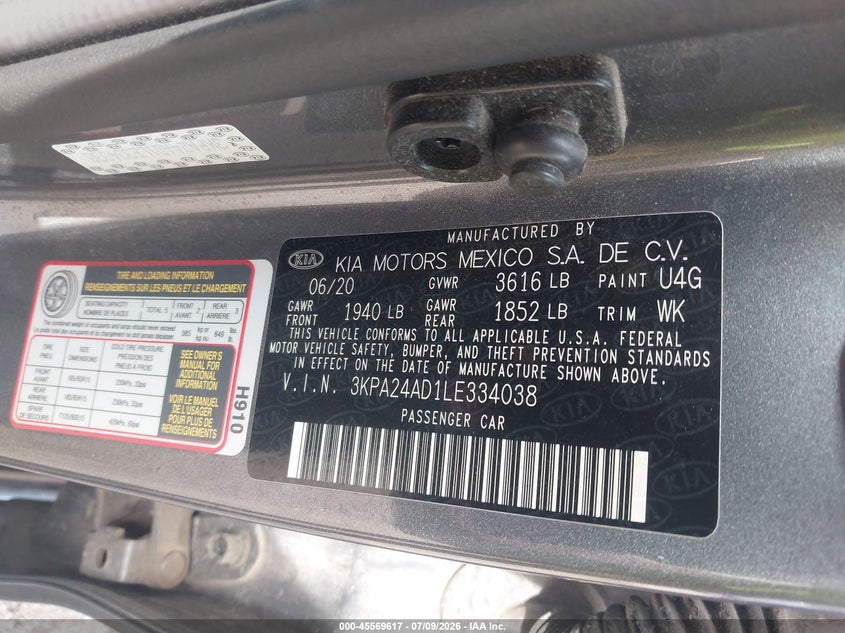 2020 Kia Rio S VIN: 3KPA24AD1LE334038 Lot: 45569617