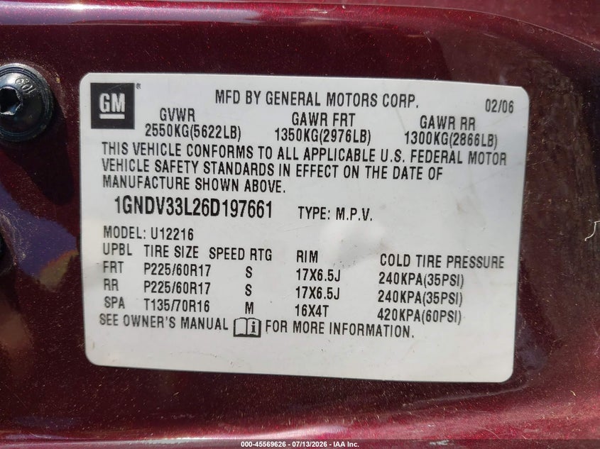2006 CHEVROLET UPLANDER VAN 3.5L V-6 201HP