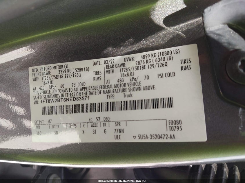 2022 Ford F-250 Lariat VIN: 1FT8W2BT6NED83571 Lot: 45569696
