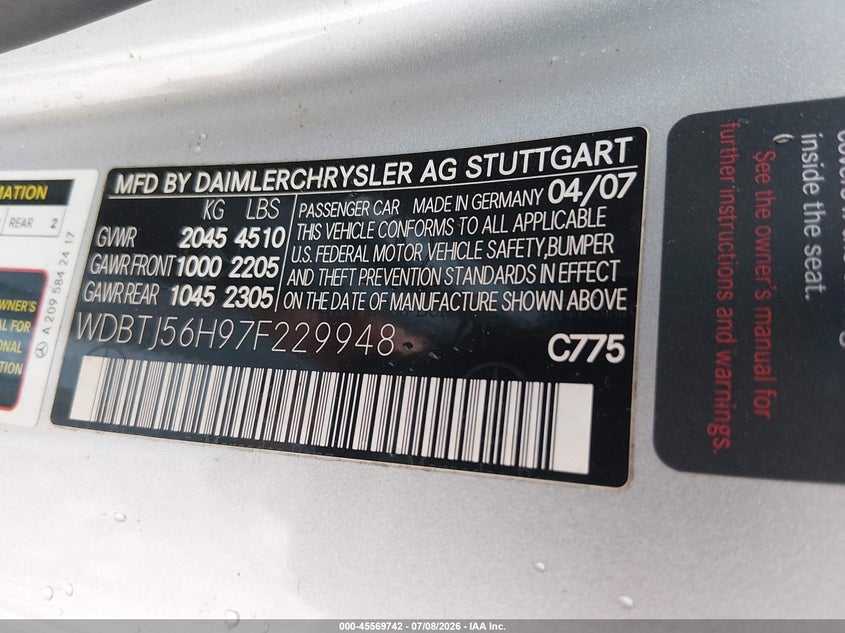 2007 Mercedes-Benz Clk 350 VIN: WDBTJ56H97F229948 Lot: 45569742