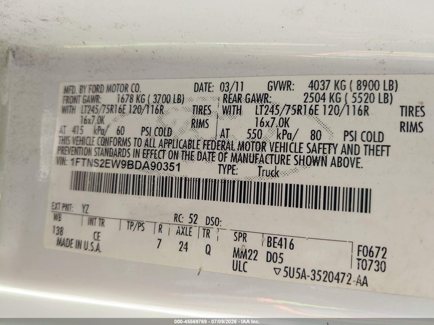 2011 Ford E-250 Commercial VIN: 1FTNS2EW9BDA90351 Lot: 45569769