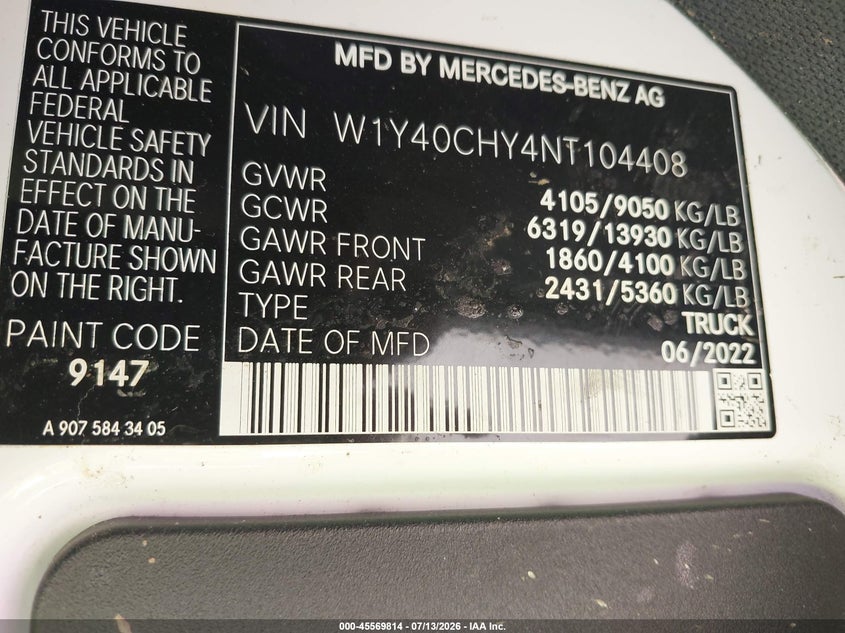 2022 Mercedes-Benz Sprinter 2500 High Roof I4 VIN: W1Y40CHY4NT104408 Lot: 45569814