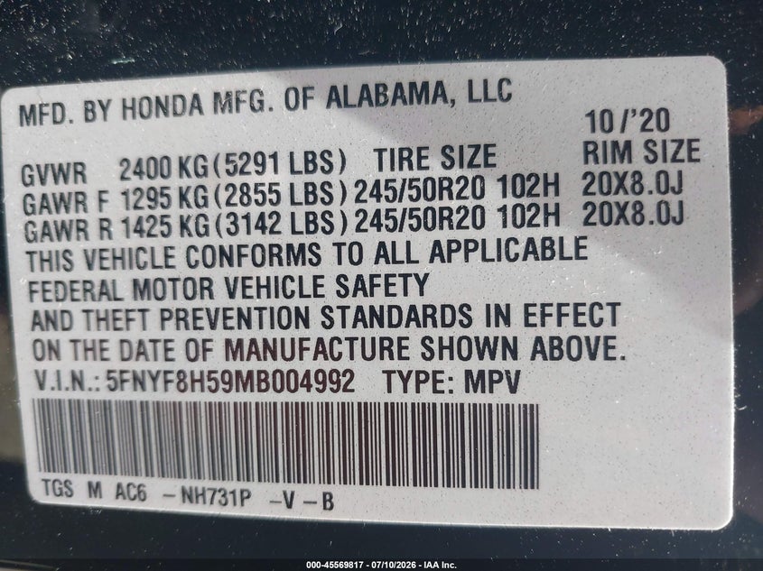 2021 Honda Passport Awd Ex-L VIN: 5FNYF8H59MB004992 Lot: 45569817