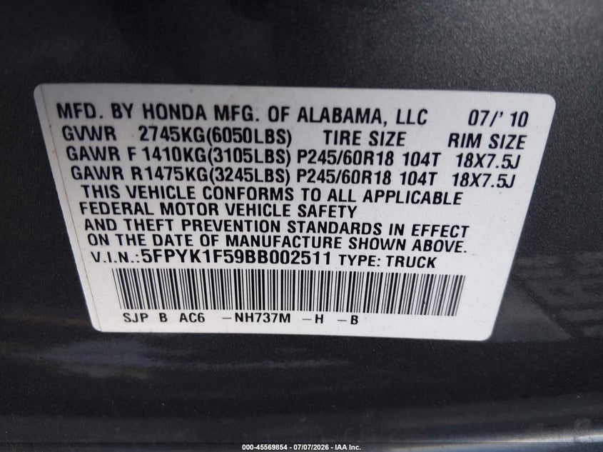 2011 Honda Ridgeline Rtl VIN: 5FPYK1F59BB002511 Lot: 45569854