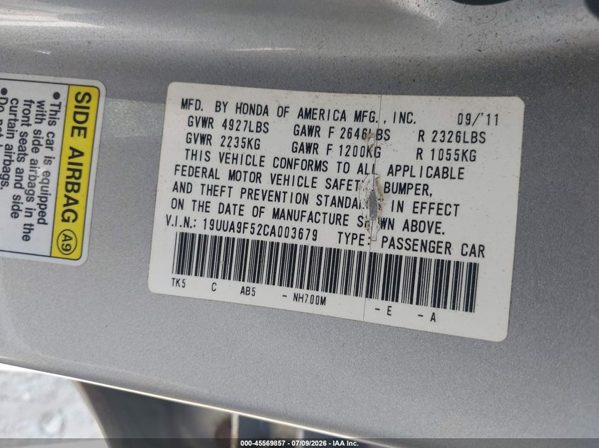 2012 Acura Tl 3.7 VIN: 19UUA9F52CA003679 Lot: 45569857