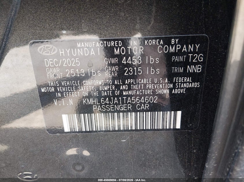 HYUNDAI SONATA 2026 VIN KMHL64JA1TA564602