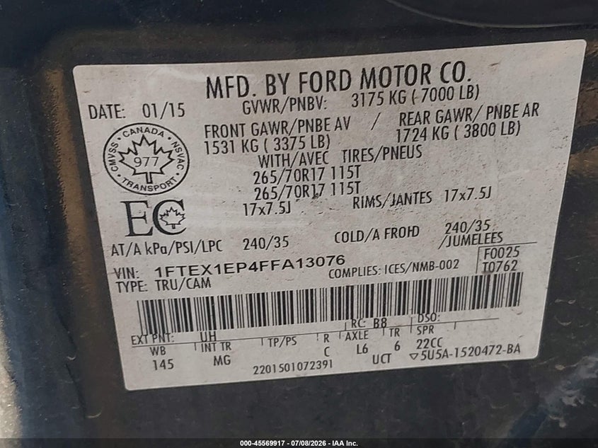 FORD F-150 2015 VIN 1FTEX1EP4FFA13076