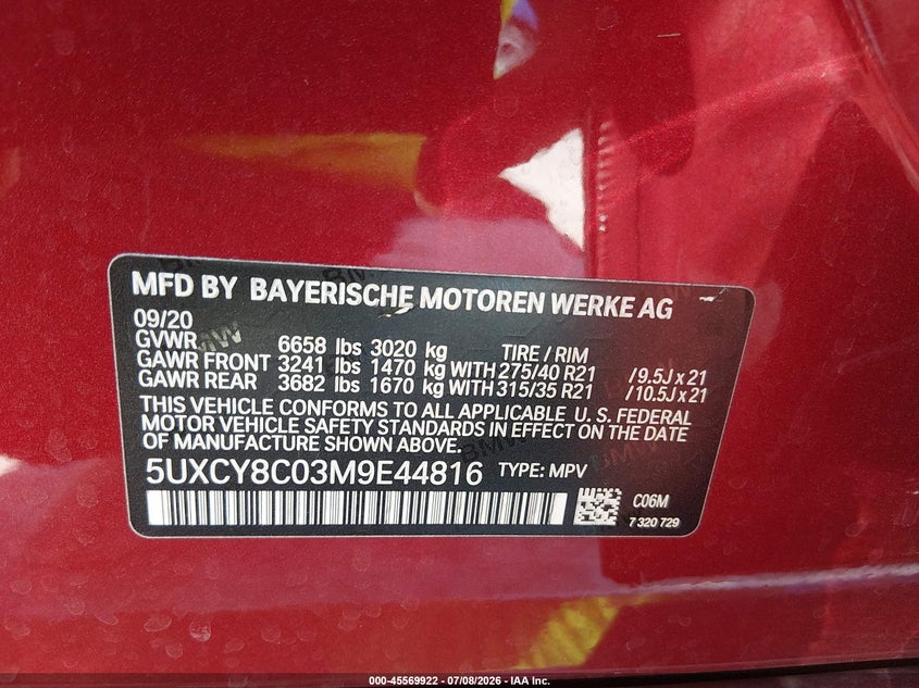 2021 BMW X6 M50I VIN: 5UXCY8C03M9E44816 Lot: 45569922