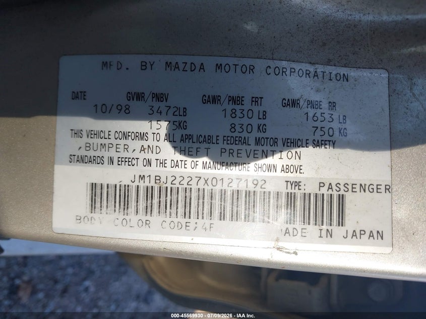 1999 Mazda Protege Dx/Lx VIN: JM1BJ2227X0127192 Lot: 45569930