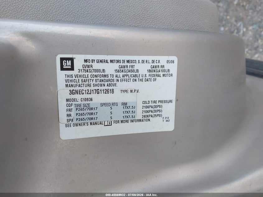 2007 Chevrolet Avalanche 1500 Lt VIN: 3GNEC12J17G112618 Lot: 45569932
