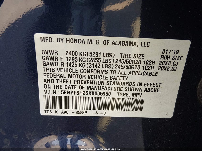 2019 Honda Passport Sport VIN: 5FNYF8H25KB005950 Lot: 45569950