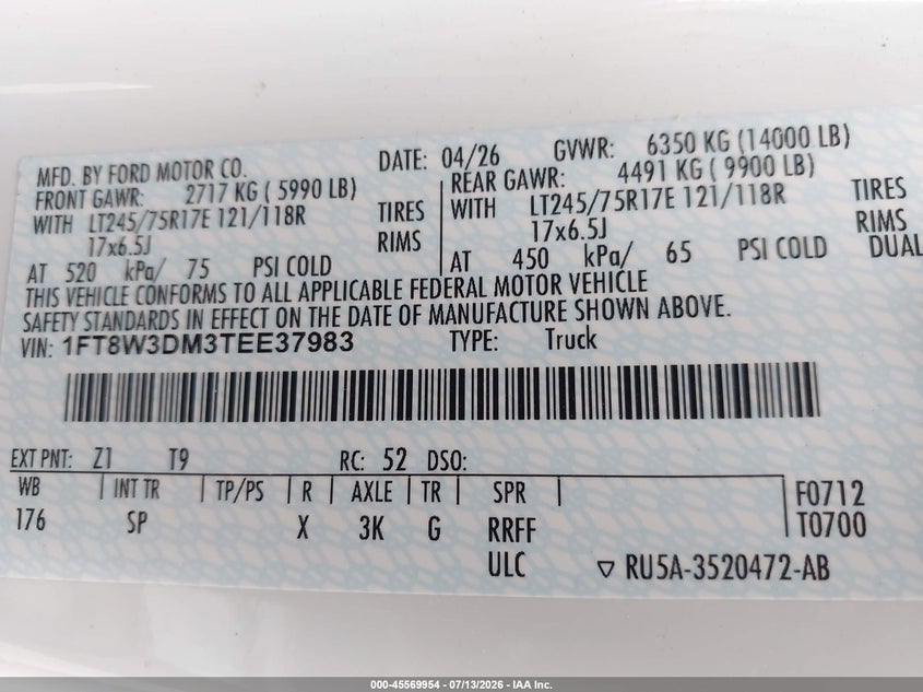 2026 Ford F-350 King Ranch VIN: 1FT8W3DM3TEE37983 Lot: 45569954