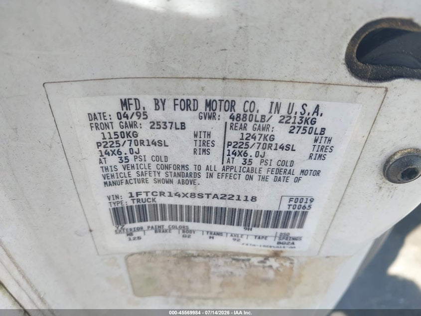 1995 Ford Ranger Super Cab VIN: 1FTCR14X8STA22118 Lot: 45569984