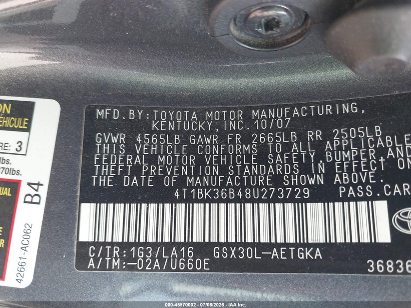 2008 Toyota Avalon Xls VIN: 4T1BK36B48U273729 Lot: 45570002