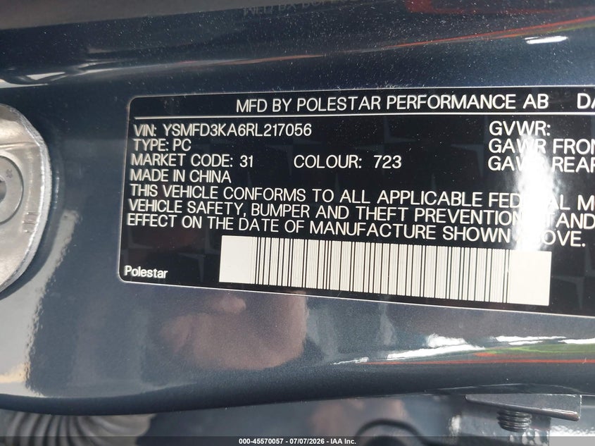 2024 Polestar 2 Long Range Dual Motor/Long Range Dual Motor Plus VIN: YSMFD3KA6RL217056 Lot: 45570057