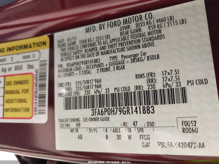 2016 Ford Fusion Se VIN: 3FA6P0H79GR141883 Lot: 45570088