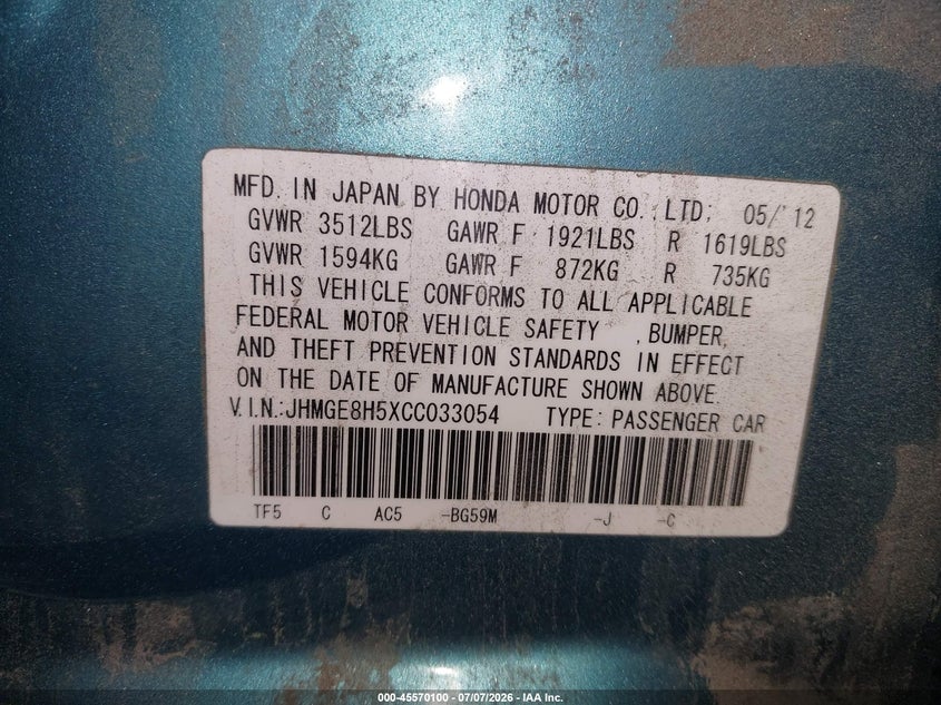 2012 Honda Fit Sport VIN: JHMGE8H5XCC033054 Lot: 45570100