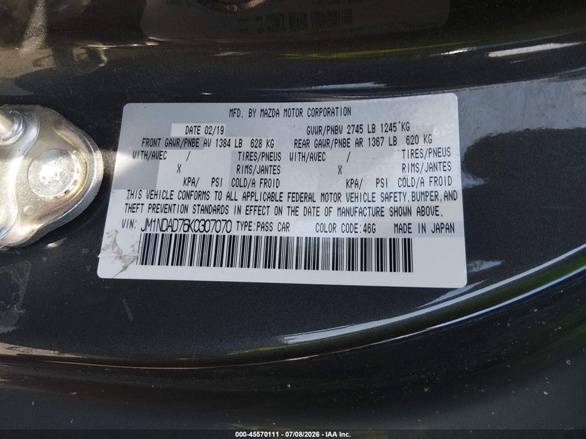 2019 Mazda Mx-5 Miata Grand Touring VIN: JM1NDAD76K0307070 Lot: 45570111