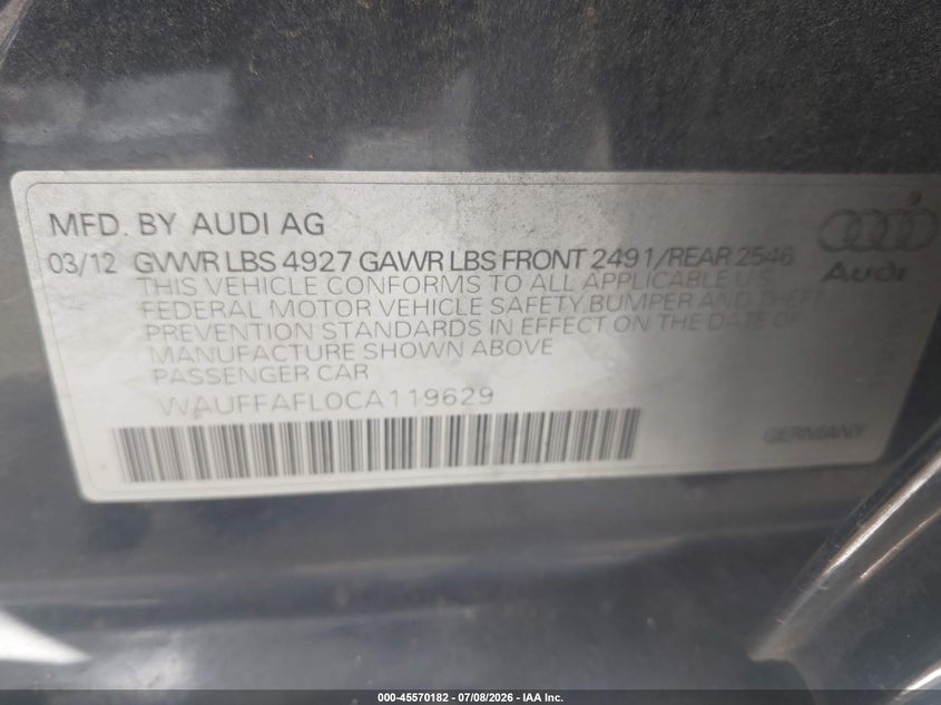 2012 Audi A4 2.0T Premium Plus VIN: WAUFFAFL0CA119629 Lot: 45570182