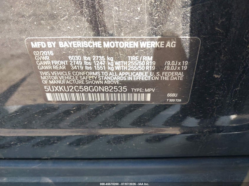 2016 BMW X6 xDrive35I VIN: 5UXKU2C58G0N82535 Lot: 45570200