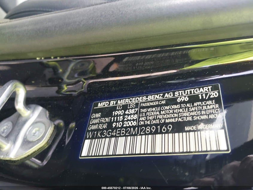 2021 Mercedes-Benz A 220 VIN: W1K3G4EB2MJ289169 Lot: 45570212