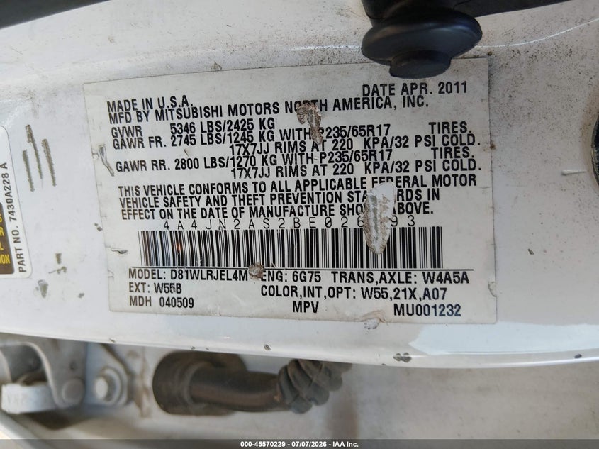 2011 Mitsubishi Endeavor VIN: 4A4JN2AS2BE026793 Lot: 45570229