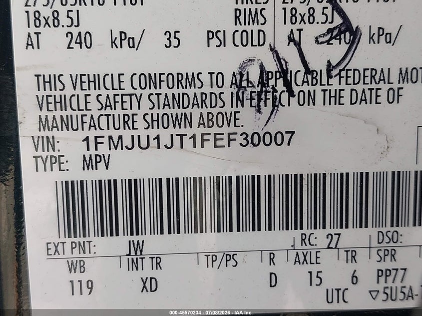 2015 Ford Expedition Xlt VIN: 1FMJU1JT1FEF30007 Lot: 45570234