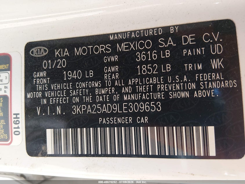 2020 Kia Rio 5-Door S VIN: 3KPA25AD9LE309653 Lot: 45570252