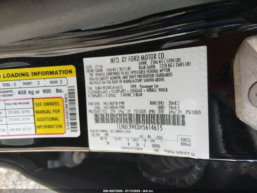 2017 Lincoln Continental Reserve VIN: 1LN6L9NC0H5614615 Lot: 45570306