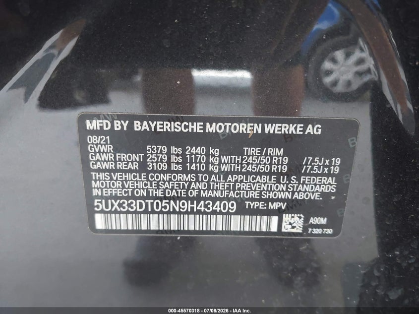 2022 BMW X4 xDrive30I VIN: 5UX33DT05N9H43409 Lot: 45570318