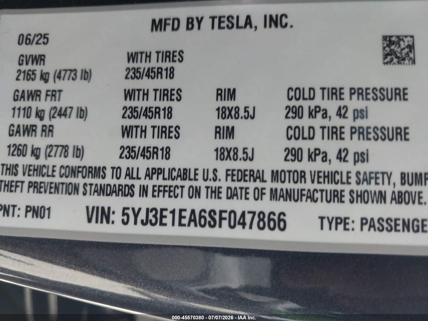 TESLA MODEL 3 2025 VIN 5YJ3E1EA6SF047866