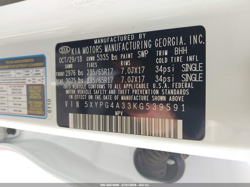 2019 Kia Sorento 2.4L Lx VIN: 5XYPG4A33KG539591 Lot: 45570406