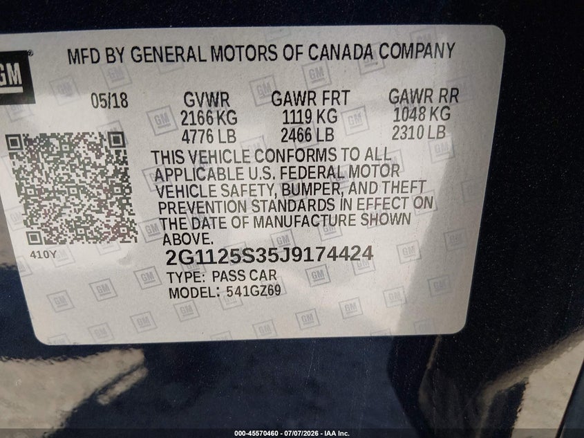 2018 Chevrolet Impala 2Lz VIN: 2G1125S35J9174424 Lot: 45570460