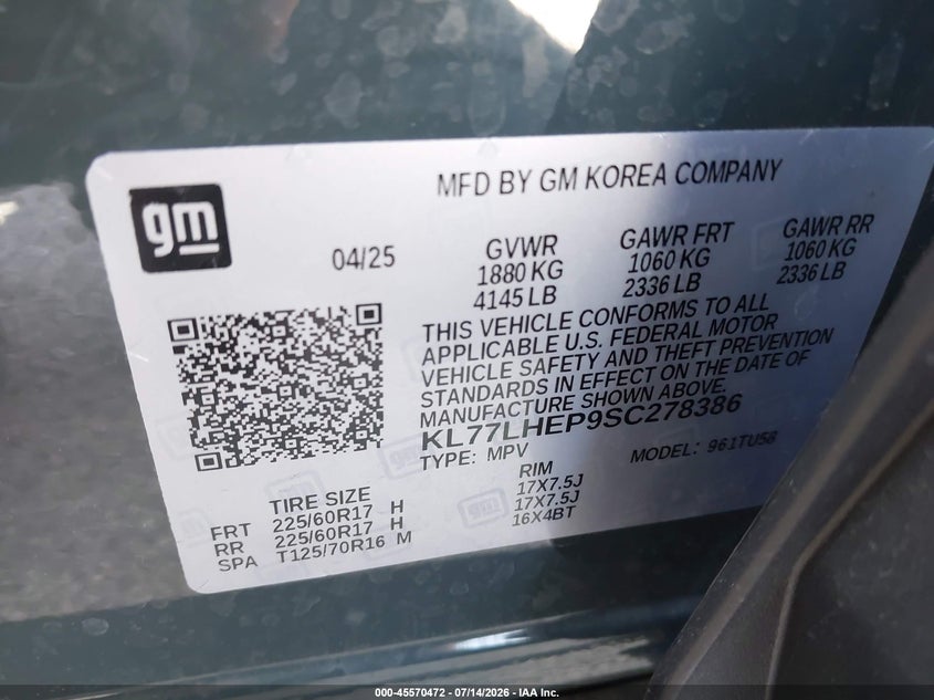 2025 Chevrolet Trax Fwd Lt VIN: KL77LHEP9SC278386 Lot: 45570472