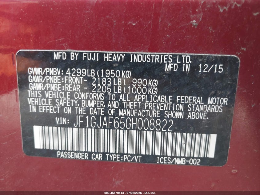 2016 Subaru Impreza 2.0I Premium VIN: JF1GJAF65GH008822 Lot: 45570513