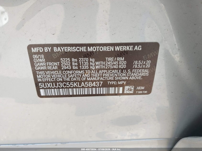 2019 BMW X4 xDrive30I VIN: 5UXUJ3C55KLA58437 Lot: 45570554