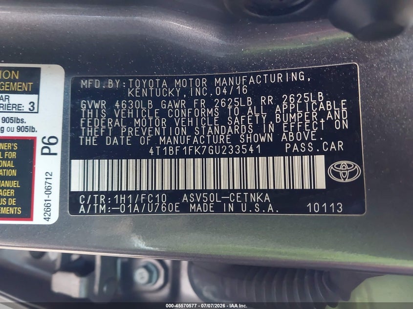 2016 TOYOTA CAMRY SEDAN 2.5L I-4 DOHC, VVT, 178HP