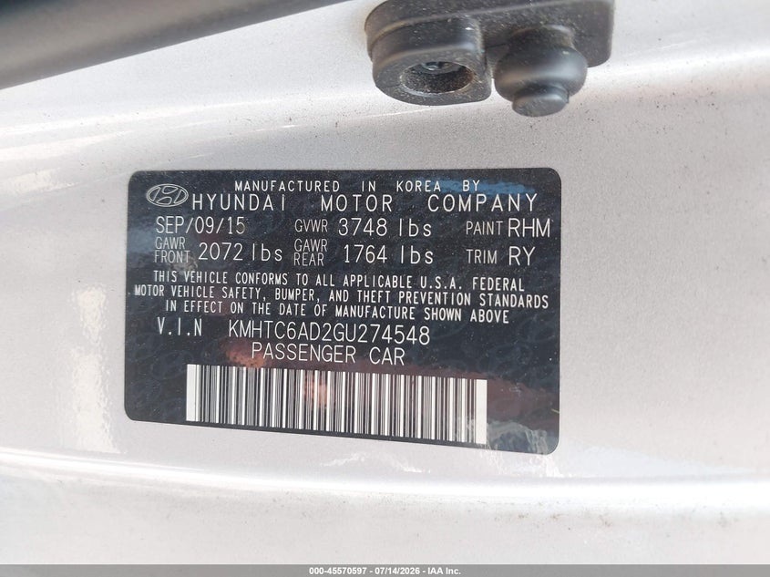 2016 Hyundai Veloster VIN: KMHTC6AD2GU274548 Lot: 45570597
