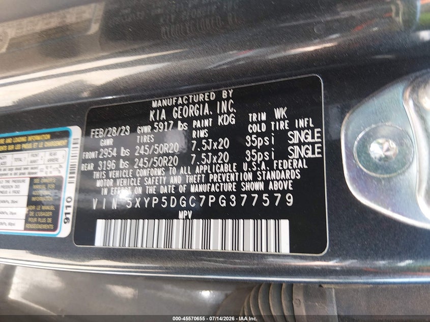 2023 Kia Telluride Sx Prestige VIN: 5XYP5DGC7PG377579 Lot: 45570655