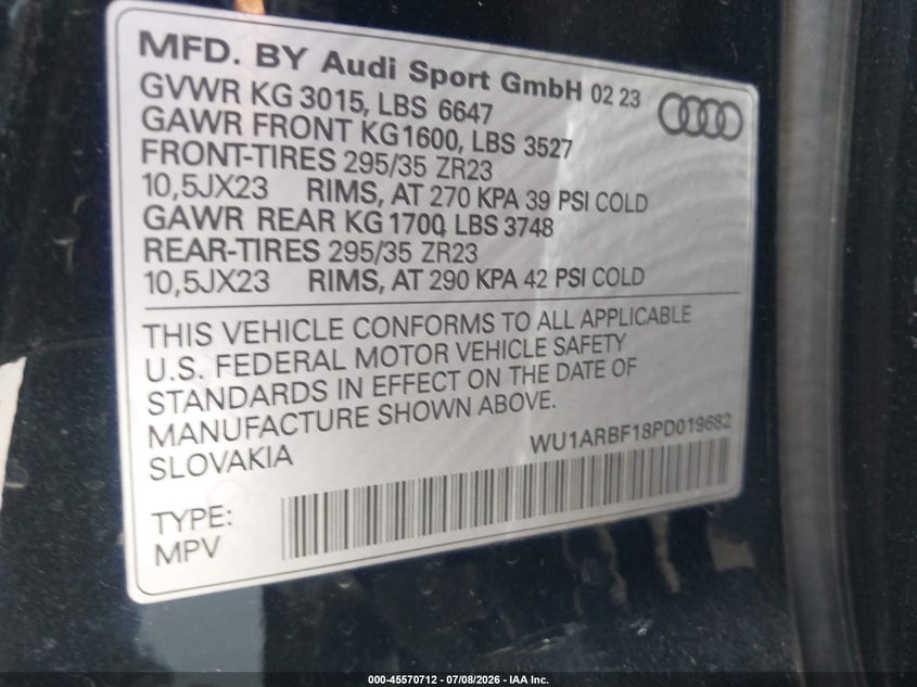 2023 Audi Rs Q8 Tfsi Quattro Tiptronic VIN: WU1ARBF18PD019682 Lot: 45570712