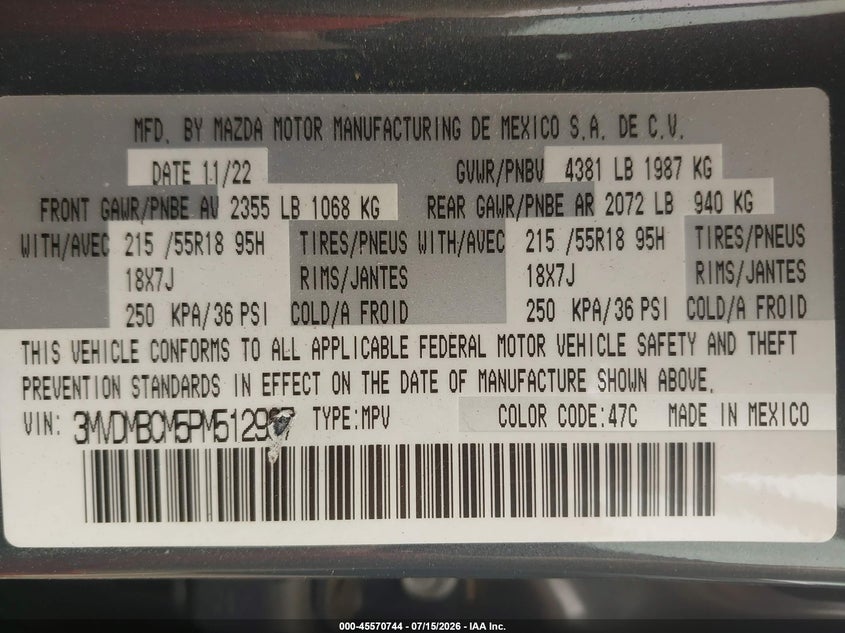 2023 Mazda Cx-30 2.5 S Carbon Edition VIN: 3MVDMBCM5PM512987 Lot: 45570744