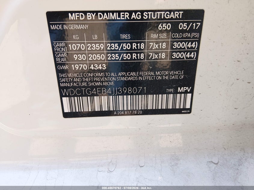 2018 Mercedes-Benz Gla 250 VIN: WDCTG4EB4JJ398071 Lot: 45570762
