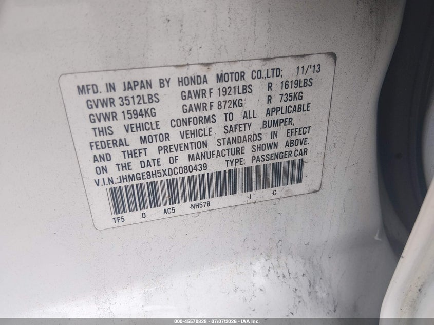2013 HONDA FIT HATCHBACK 1.5L I-4 VVT, 117HP