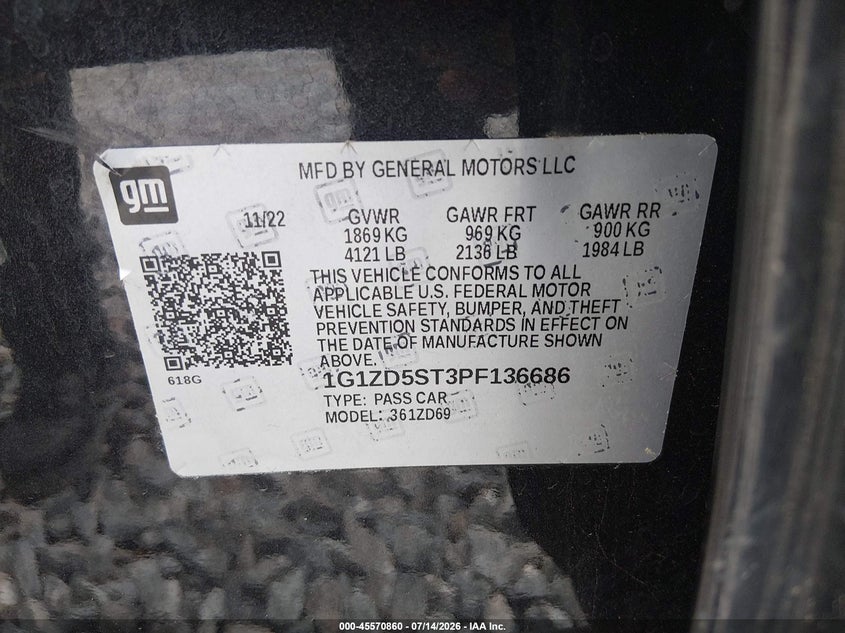 2023 Chevrolet Malibu Fwd 1Lt VIN: 1G1ZD5ST3PF136686 Lot: 45570860