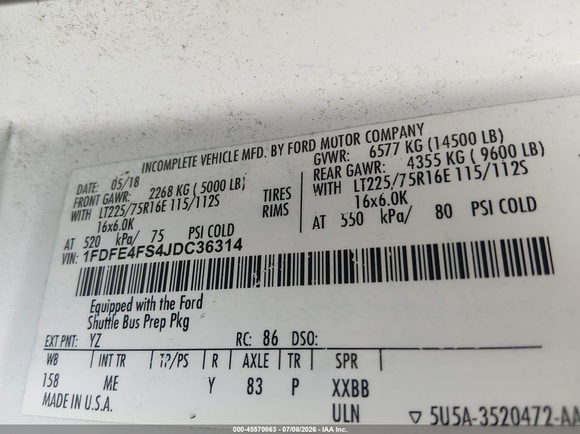 2018 Ford E-450 Cutaway VIN: 1FDFE4FS4JDC36314 Lot: 45570863