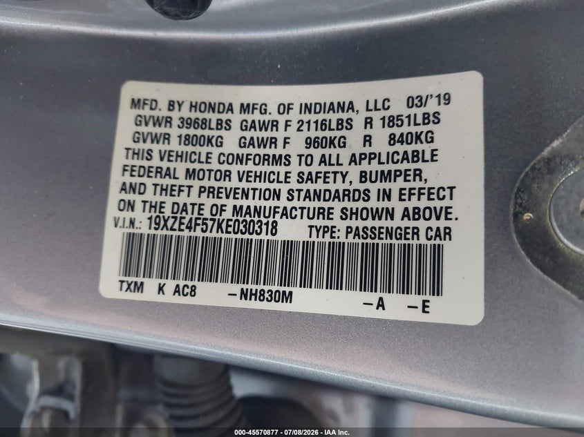 2019 Honda Insight Ex VIN: 19XZE4F57KE030318 Lot: 45570877