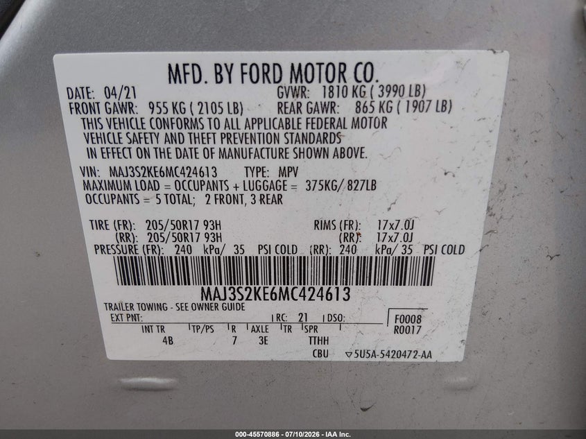 2021 Ford Ecosport Titanium VIN: MAJ3S2KE6MC424613 Lot: 45570886