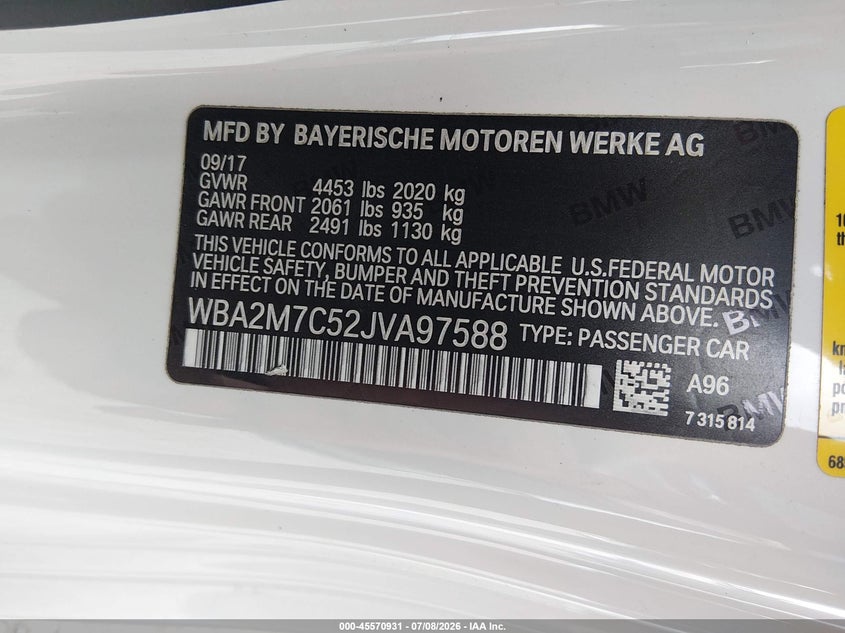 2018 BMW 230I VIN: WBA2M7C52JVA97588 Lot: 45570931