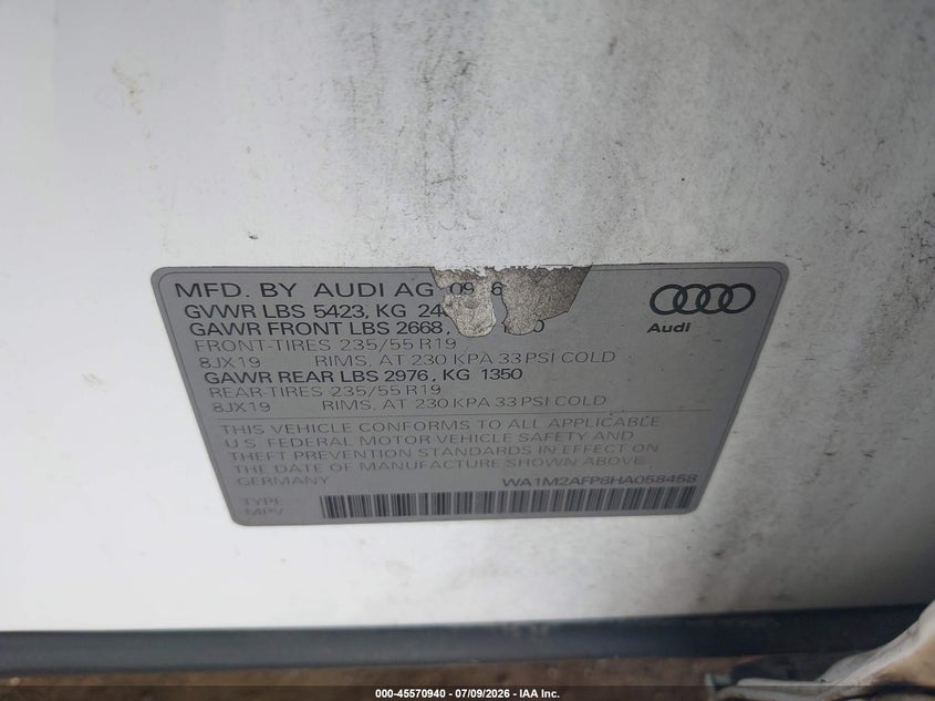 2017 Audi Q5 2.0T Premium VIN: WA1M2AFP8HA058458 Lot: 45570940