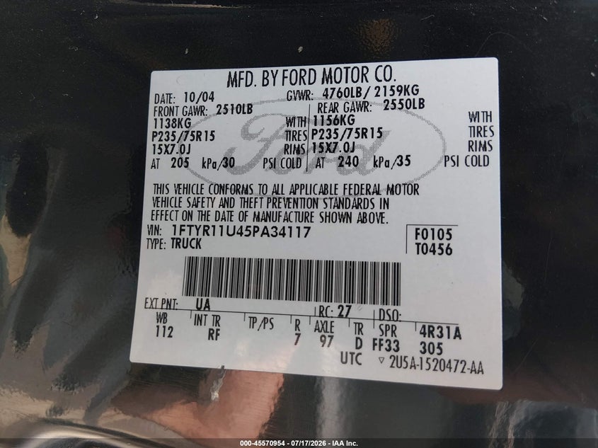 2005 Ford Ranger Edge/Xl/Xlt VIN: 1FTYR11U45PA34117 Lot: 45570954